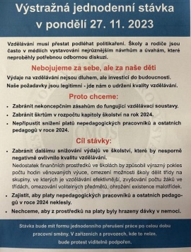 V pondělí 27.11. 2023 bude školka uzavřena z důvodu připojení se ke stávce. Děkujeme za pochopení